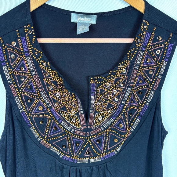 Neiman Marcus Womens Sleeveless Beaded Split Neck Blouse Top Sz L NWT Boho Party - Picture 1 of 7